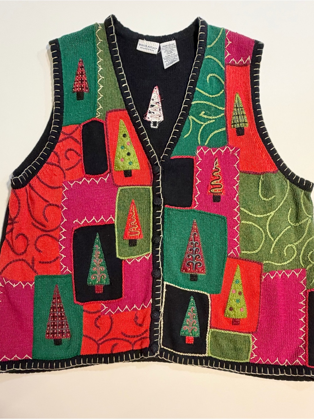 VINTAGE 90s Christmas tree knit sweater vest cardigan button front - Picture 5 of 8